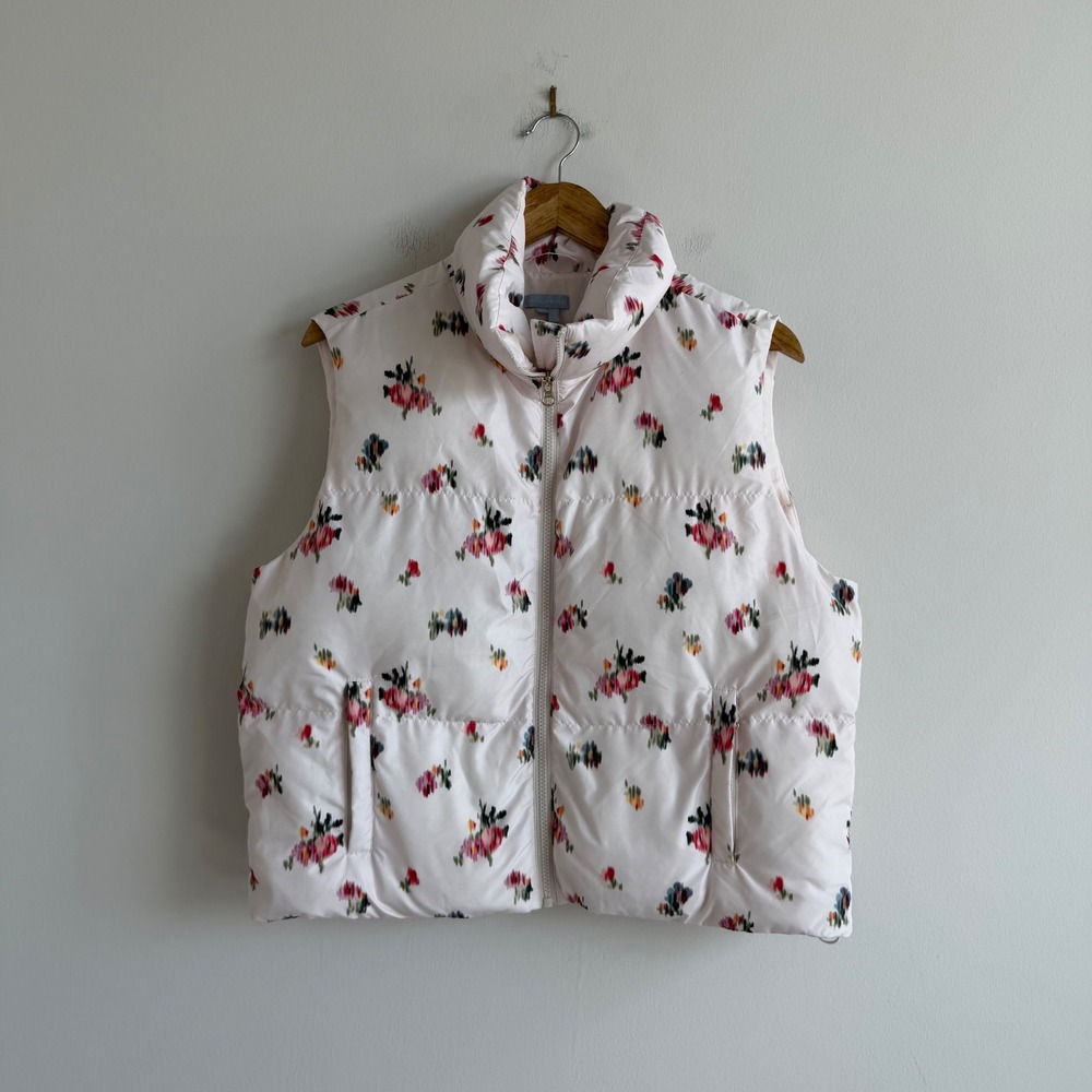 Hill House Floral Quilted Puffer Vest in White with Pink and Green Accents